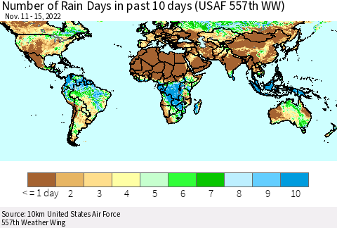 World Number of Rain Days in past 10 days (USAF 557th WW) Thematic Map For 11/11/2022 - 11/15/2022
