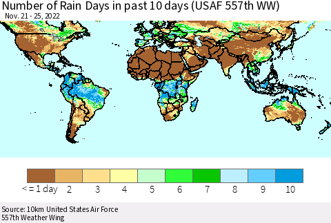 World Number of Rain Days in past 10 days (USAF 557th WW) Thematic Map For 11/21/2022 - 11/25/2022
