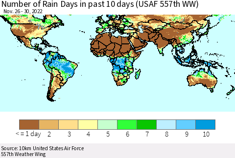 World Number of Rain Days in past 10 days (USAF 557th WW) Thematic Map For 11/26/2022 - 11/30/2022