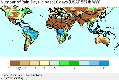 World Number of Rain Days in past 10 days (USAF 557th WW) Thematic Map For 12/1/2022 - 12/5/2022