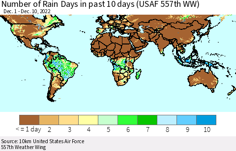 World Number of Rain Days in past 10 days (USAF 557th WW) Thematic Map For 12/6/2022 - 12/10/2022