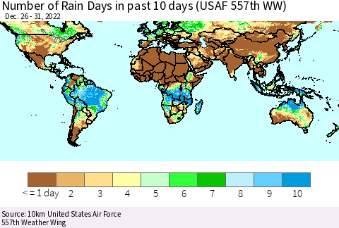 World Number of Rain Days in past 10 days (USAF 557th WW) Thematic Map For 12/26/2022 - 12/31/2022