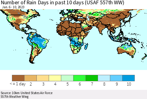 World Number of Rain Days in past 10 days (USAF 557th WW) Thematic Map For 1/6/2023 - 1/10/2023