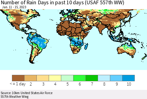 World Number of Rain Days in past 10 days (USAF 557th WW) Thematic Map For 1/11/2023 - 1/15/2023