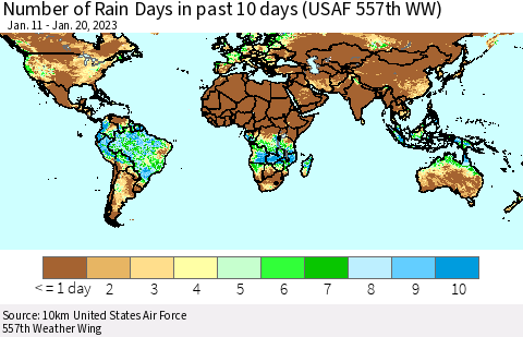 World Number of Rain Days in past 10 days (USAF 557th WW) Thematic Map For 1/16/2023 - 1/20/2023