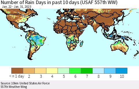 World Number of Rain Days in past 10 days (USAF 557th WW) Thematic Map For 1/26/2023 - 1/31/2023