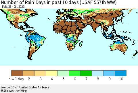 World Number of Rain Days in past 10 days (USAF 557th WW) Thematic Map For 2/26/2023 - 2/28/2023