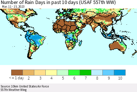 World Number of Rain Days in past 10 days (USAF 557th WW) Thematic Map For 3/11/2023 - 3/15/2023