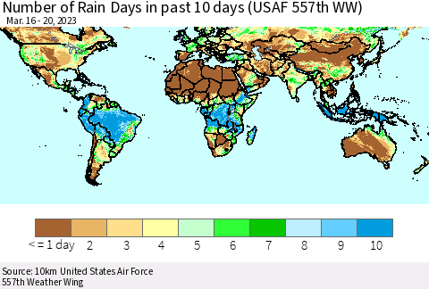 World Number of Rain Days in past 10 days (USAF 557th WW) Thematic Map For 3/16/2023 - 3/20/2023