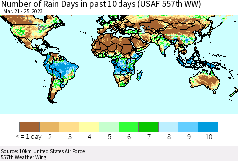 World Number of Rain Days in past 10 days (USAF 557th WW) Thematic Map For 3/21/2023 - 3/25/2023