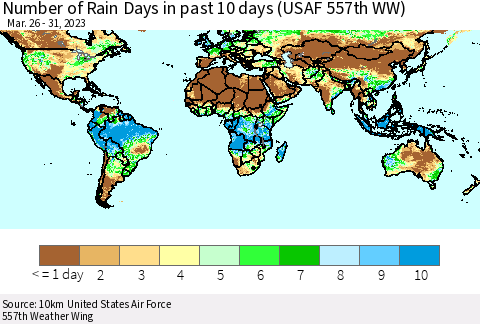 World Number of Rain Days in past 10 days (USAF 557th WW) Thematic Map For 3/26/2023 - 3/31/2023