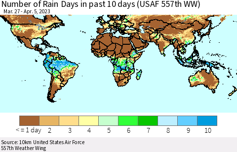 World Number of Rain Days in past 10 days (USAF 557th WW) Thematic Map For 4/1/2023 - 4/5/2023