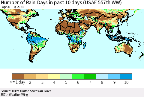 World Number of Rain Days in past 10 days (USAF 557th WW) Thematic Map For 4/6/2023 - 4/10/2023