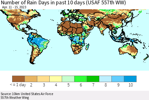 World Number of Rain Days in past 10 days (USAF 557th WW) Thematic Map For 4/11/2023 - 4/15/2023