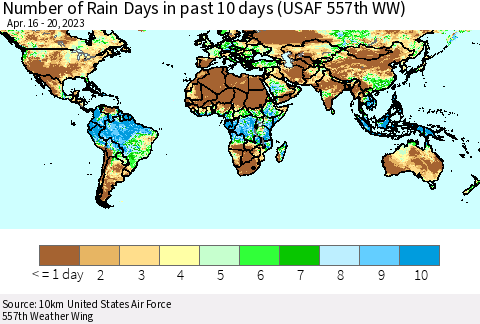 World Number of Rain Days in past 10 days (USAF 557th WW) Thematic Map For 4/16/2023 - 4/20/2023