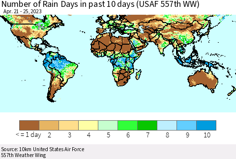 World Number of Rain Days in past 10 days (USAF 557th WW) Thematic Map For 4/21/2023 - 4/25/2023