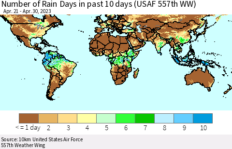 World Number of Rain Days in past 10 days (USAF 557th WW) Thematic Map For 4/26/2023 - 4/30/2023