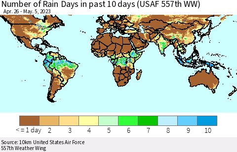 World Number of Rain Days in past 10 days (USAF 557th WW) Thematic Map For 5/1/2023 - 5/5/2023