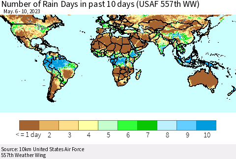 World Number of Rain Days in past 10 days (USAF 557th WW) Thematic Map For 5/6/2023 - 5/10/2023