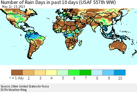 World Number of Rain Days in past 10 days (USAF 557th WW) Thematic Map For 5/11/2023 - 5/15/2023