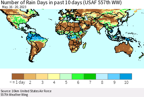 World Number of Rain Days in past 10 days (USAF 557th WW) Thematic Map For 5/16/2023 - 5/20/2023
