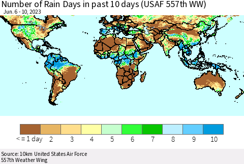 World Number of Rain Days in past 10 days (USAF 557th WW) Thematic Map For 6/6/2023 - 6/10/2023