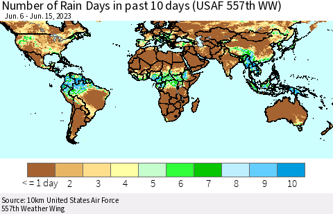 World Number of Rain Days in past 10 days (USAF 557th WW) Thematic Map For 6/11/2023 - 6/15/2023