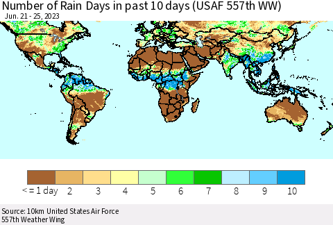 World Number of Rain Days in past 10 days (USAF 557th WW) Thematic Map For 6/21/2023 - 6/25/2023