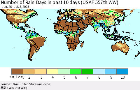 World Number of Rain Days in past 10 days (USAF 557th WW) Thematic Map For 7/1/2023 - 7/5/2023