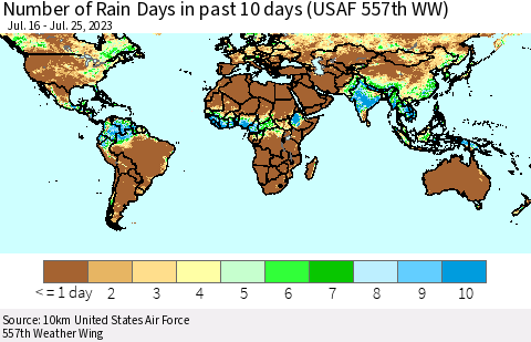 World Number of Rain Days in past 10 days (USAF 557th WW) Thematic Map For 7/21/2023 - 7/25/2023