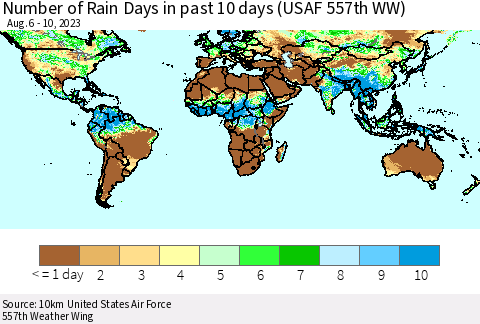 World Number of Rain Days in past 10 days (USAF 557th WW) Thematic Map For 8/6/2023 - 8/10/2023
