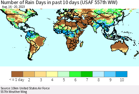 World Number of Rain Days in past 10 days (USAF 557th WW) Thematic Map For 8/16/2023 - 8/20/2023