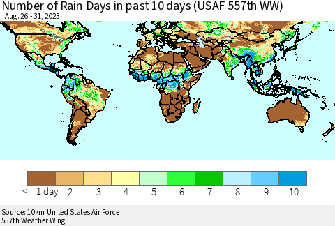 World Number of Rain Days in past 10 days (USAF 557th WW) Thematic Map For 8/26/2023 - 8/31/2023
