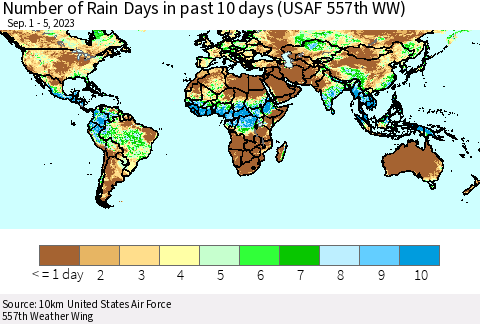 World Number of Rain Days in past 10 days (USAF 557th WW) Thematic Map For 9/1/2023 - 9/5/2023