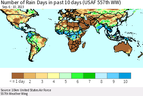 World Number of Rain Days in past 10 days (USAF 557th WW) Thematic Map For 9/6/2023 - 9/10/2023