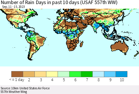 World Number of Rain Days in past 10 days (USAF 557th WW) Thematic Map For 9/11/2023 - 9/15/2023
