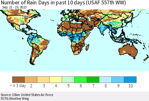 World Number of Rain Days in past 10 days (USAF 557th WW) Thematic Map For 9/21/2023 - 9/25/2023