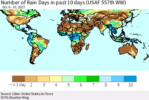 World Number of Rain Days in past 10 days (USAF 557th WW) Thematic Map For 10/6/2023 - 10/10/2023
