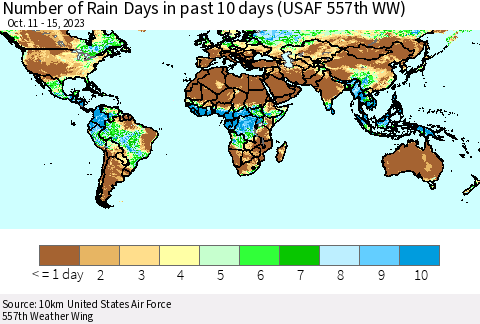 World Number of Rain Days in past 10 days (USAF 557th WW) Thematic Map For 10/11/2023 - 10/15/2023
