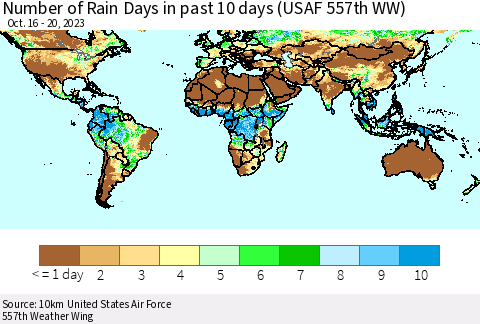World Number of Rain Days in past 10 days (USAF 557th WW) Thematic Map For 10/16/2023 - 10/20/2023