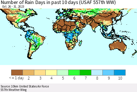 World Number of Rain Days in past 10 days (USAF 557th WW) Thematic Map For 10/26/2023 - 10/31/2023