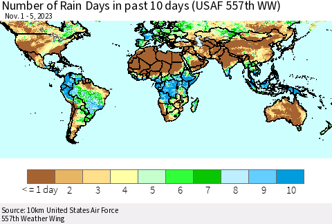 World Number of Rain Days in past 10 days (USAF 557th WW) Thematic Map For 11/1/2023 - 11/5/2023
