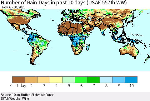 World Number of Rain Days in past 10 days (USAF 557th WW) Thematic Map For 11/6/2023 - 11/10/2023