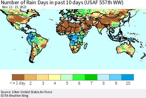 World Number of Rain Days in past 10 days (USAF 557th WW) Thematic Map For 11/11/2023 - 11/15/2023
