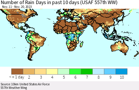 World Number of Rain Days in past 10 days (USAF 557th WW) Thematic Map For 11/16/2023 - 11/20/2023