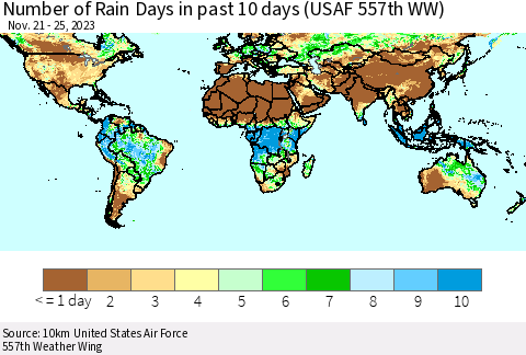 World Number of Rain Days in past 10 days (USAF 557th WW) Thematic Map For 11/21/2023 - 11/25/2023