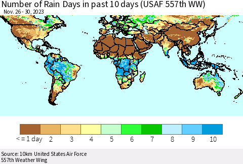 World Number of Rain Days in past 10 days (USAF 557th WW) Thematic Map For 11/26/2023 - 11/30/2023