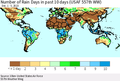 World Number of Rain Days in past 10 days (USAF 557th WW) Thematic Map For 12/1/2023 - 12/5/2023
