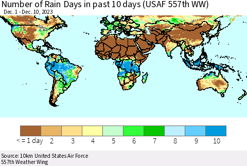World Number of Rain Days in past 10 days (USAF 557th WW) Thematic Map For 12/6/2023 - 12/10/2023