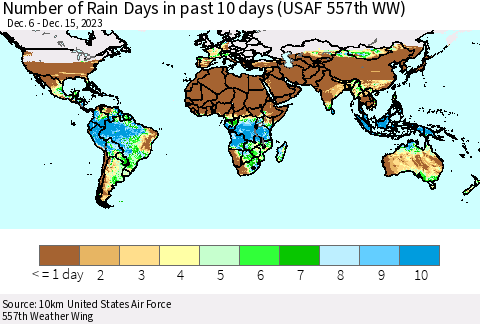 World Number of Rain Days in past 10 days (USAF 557th WW) Thematic Map For 12/11/2023 - 12/15/2023